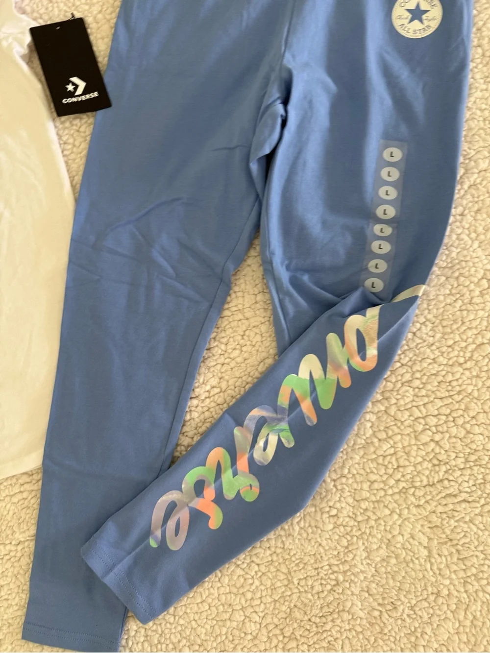New girls Sz L 12–14 Converse White Tee with Blue Logo & Blue Leggings